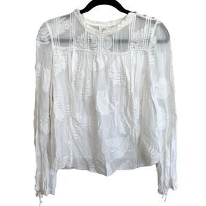 Aritzia Wilfred Palm Leaf Frayed Sheer Peasant Long Sleeve Blouse Top White XS